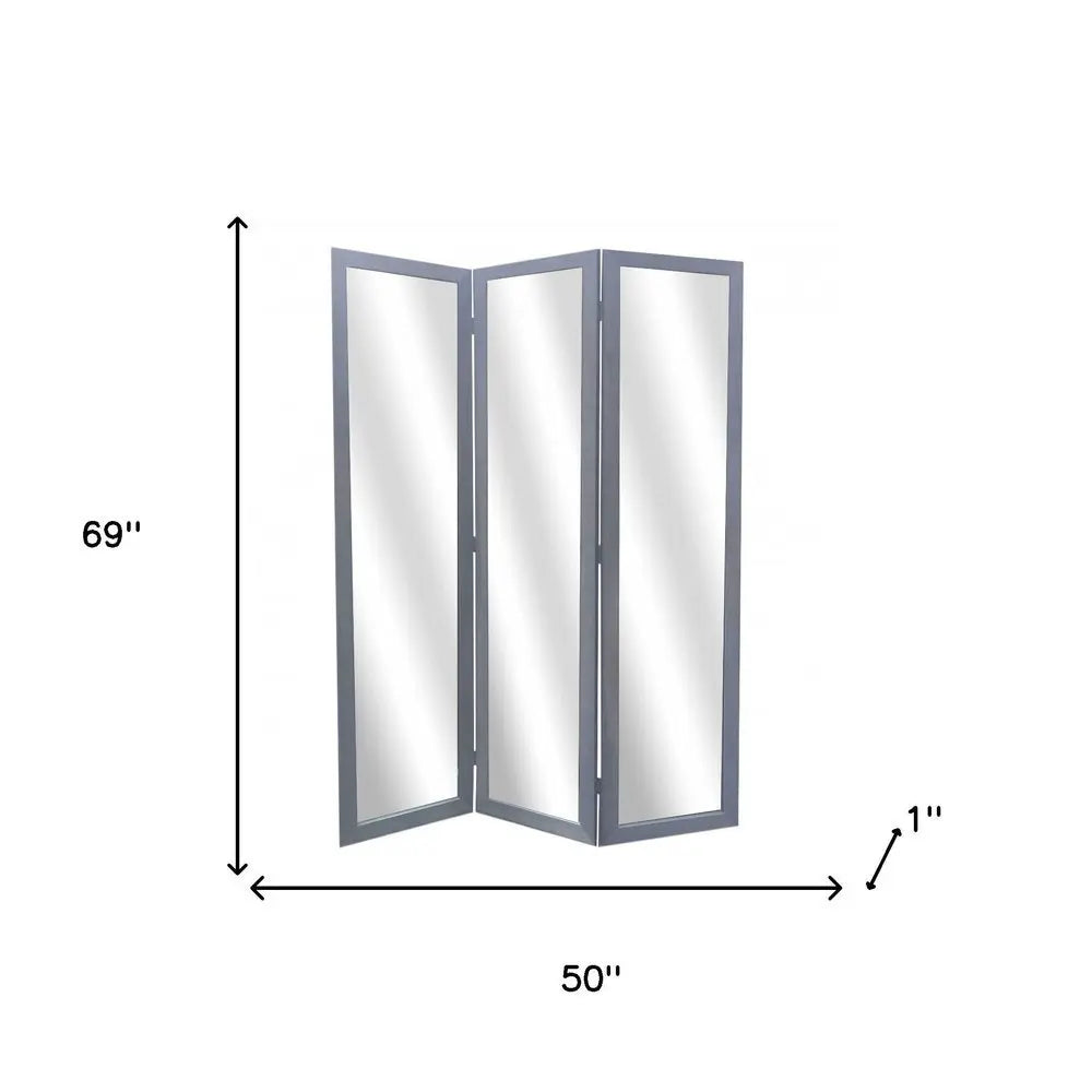 69" Black Wood and Mirrored Glass Folding Three Panel Screen Room Divider - NOBLE HOME INTERIORS