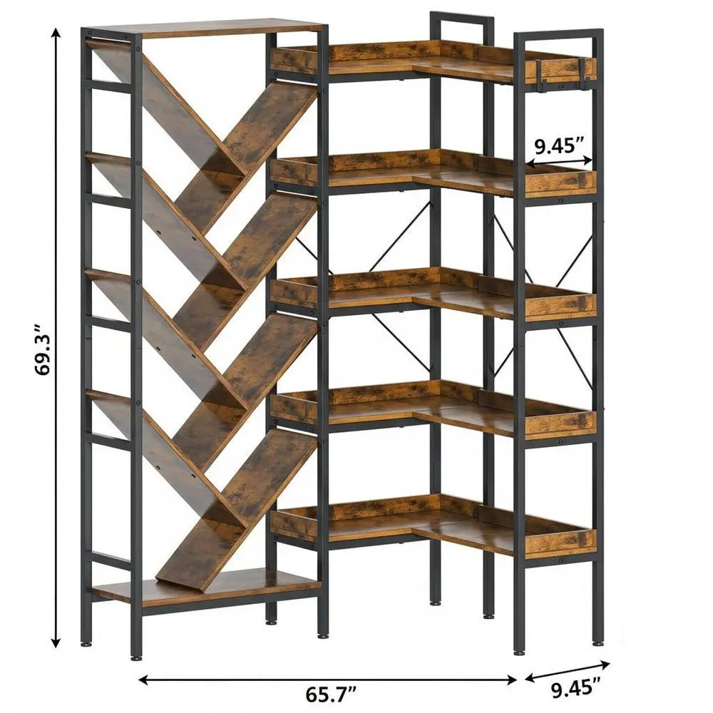 69" Brown And Black Wood And Metal Ten Tier Corner Bookcase - NOBLE HOME INTERIORS