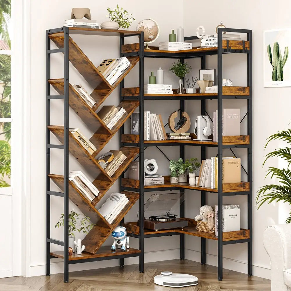 69" Brown And Black Wood And Metal Ten Tier Corner Bookcase - NOBLE HOME INTERIORS