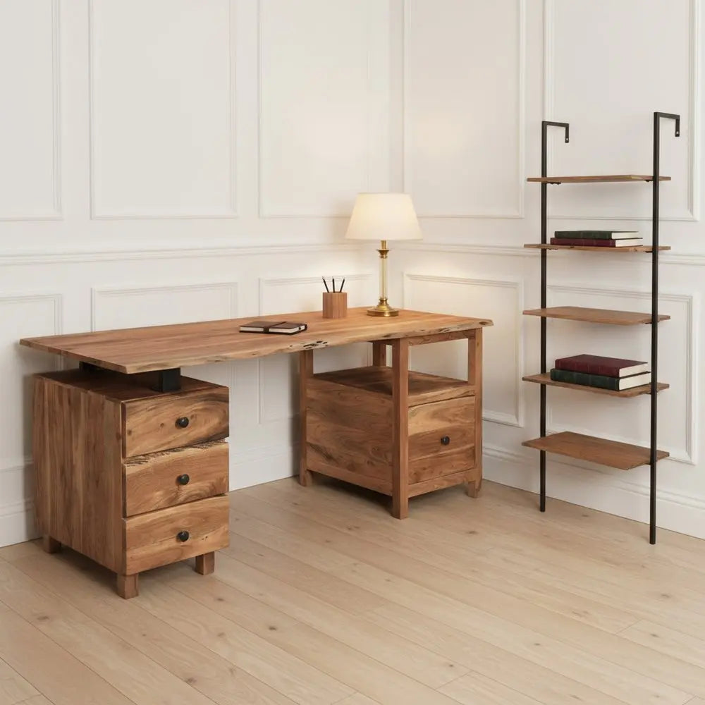 69" Brown Solid Wood Wall Mounted Writing Desk and Bookshelf Set With Four Drawers - NOBLE HOME INTERIORS