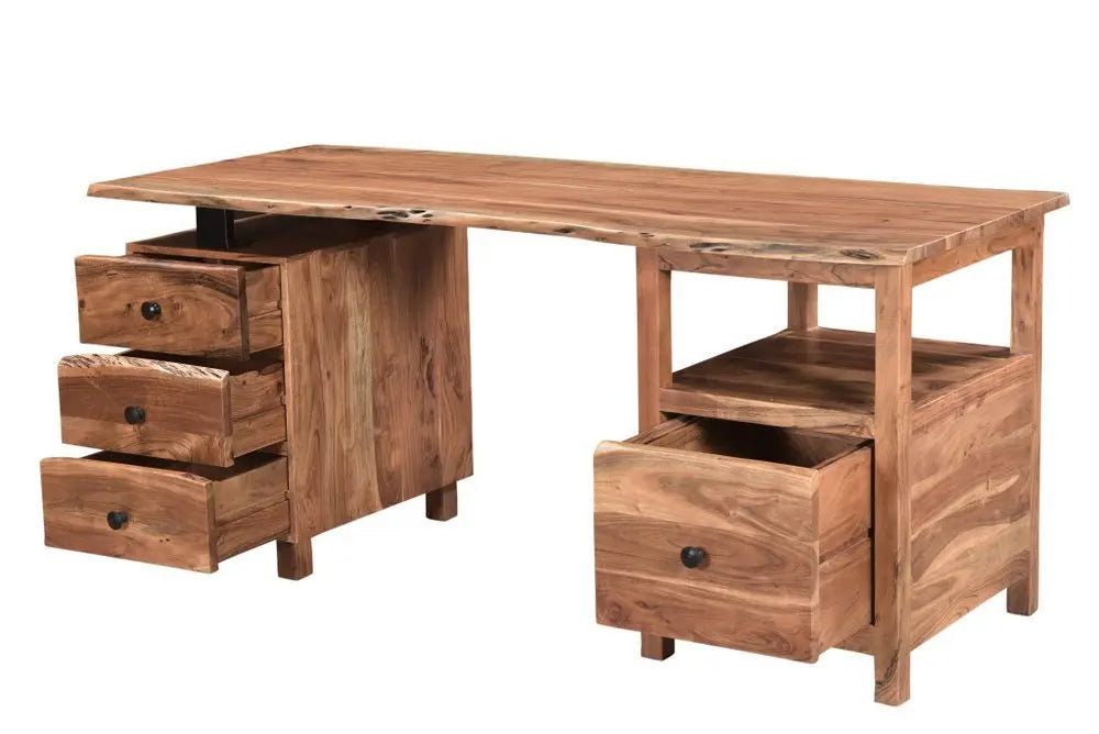 69" Brown Solid Wood Writing Desk and Bookshelf Set With Four Drawers - NOBLE HOME INTERIORS