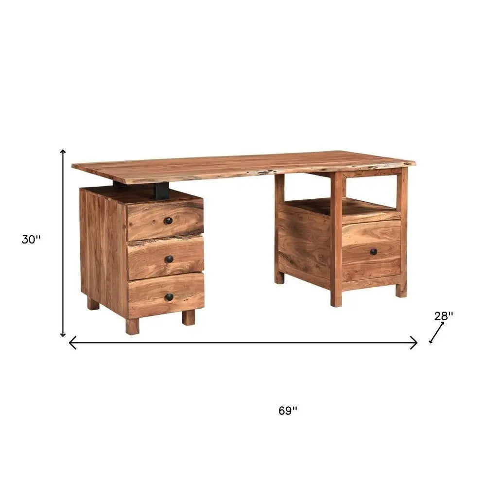 69" Brown Solid Wood Writing Desk and Bookshelf Set With Four Drawers - NOBLE HOME INTERIORS