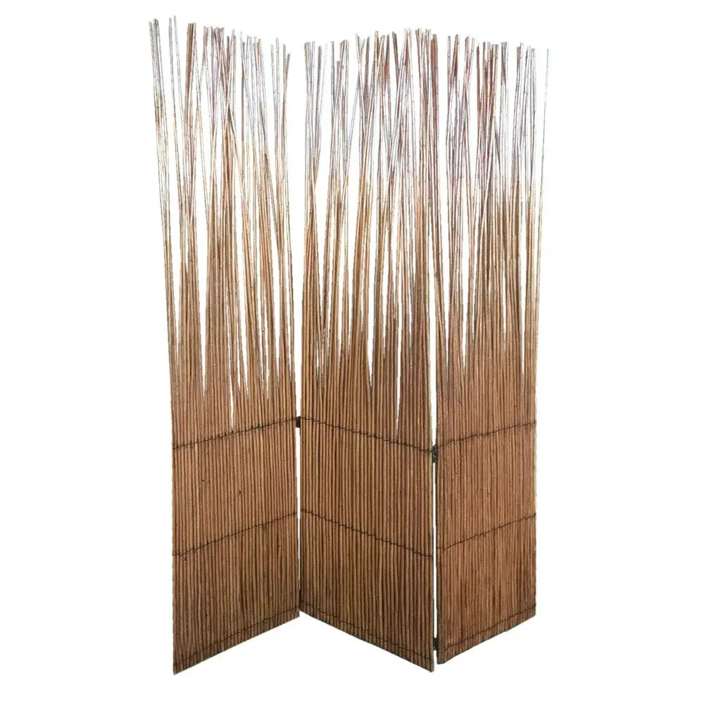 69" Brown Wood and Metal Folding Three Panel Screen Room Divider - NOBLE HOME INTERIORS