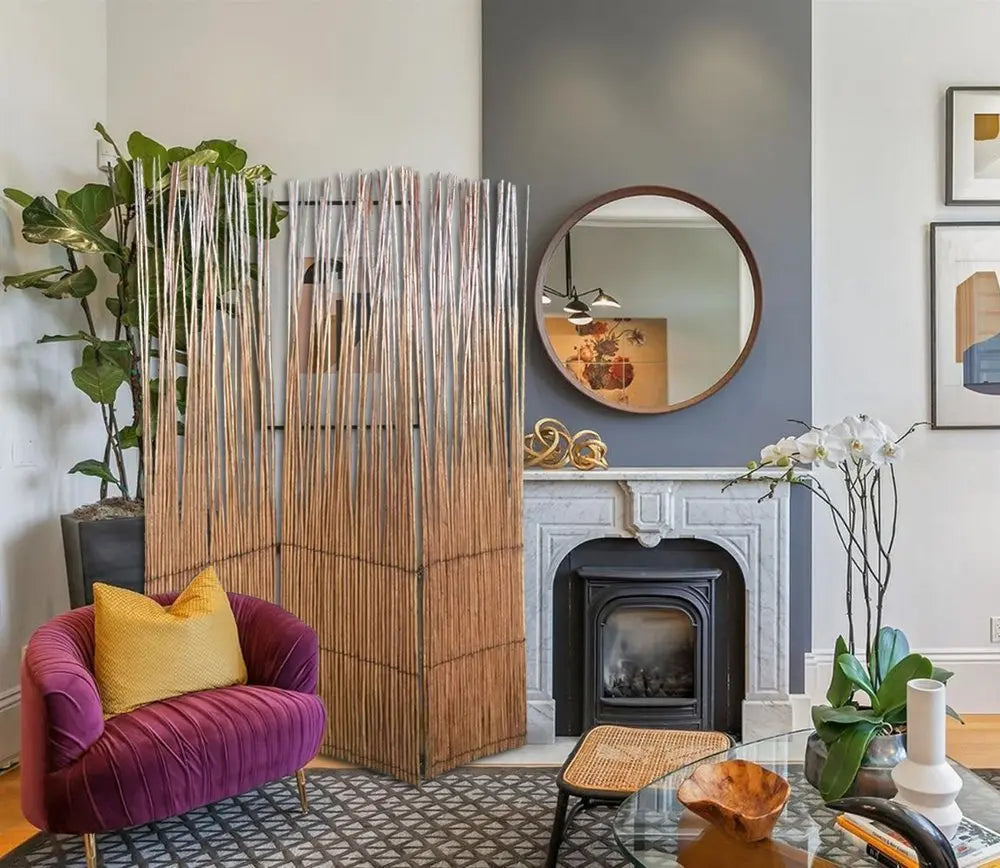 69" Brown Wood and Metal Folding Three Panel Screen Room Divider - NOBLE HOME INTERIORS