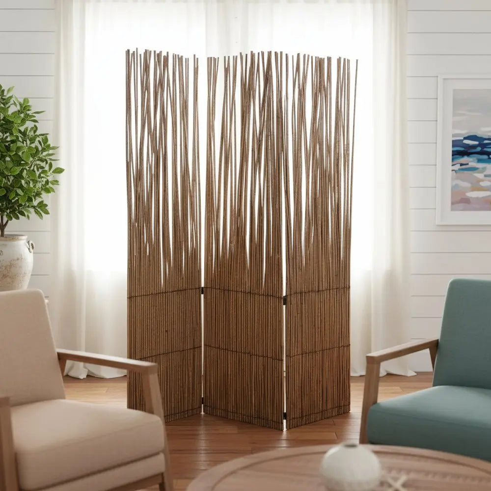 69" Brown Wood and Metal Folding Three Panel Screen Room Divider - NOBLE HOME INTERIORS