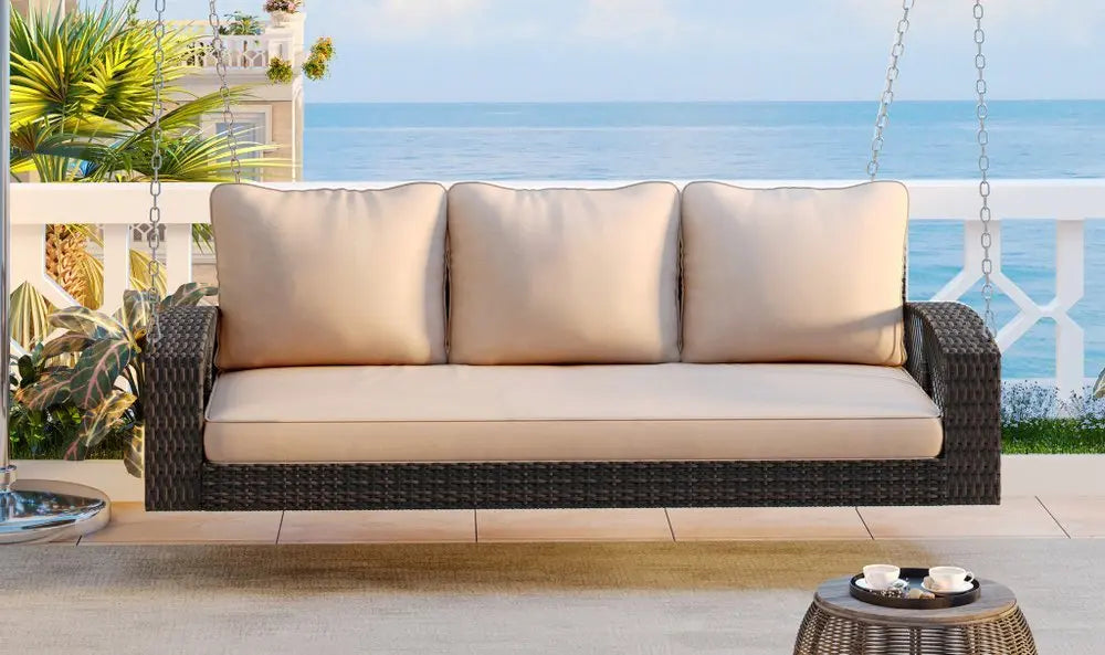69" Brown Woven Rattan Outdoor Swing Chair with Beige Cushions - NOBLE HOME INTERIORS