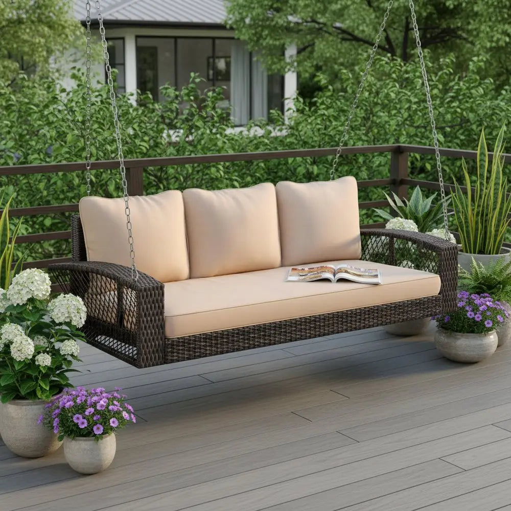 69" Brown Woven Rattan Outdoor Swing Chair with Beige Cushions - NOBLE HOME INTERIORS