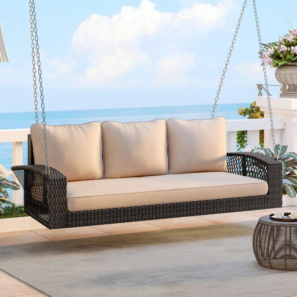 69" Brown Woven Rattan Outdoor Swing Chair with Beige Cushions - NOBLE HOME INTERIORS