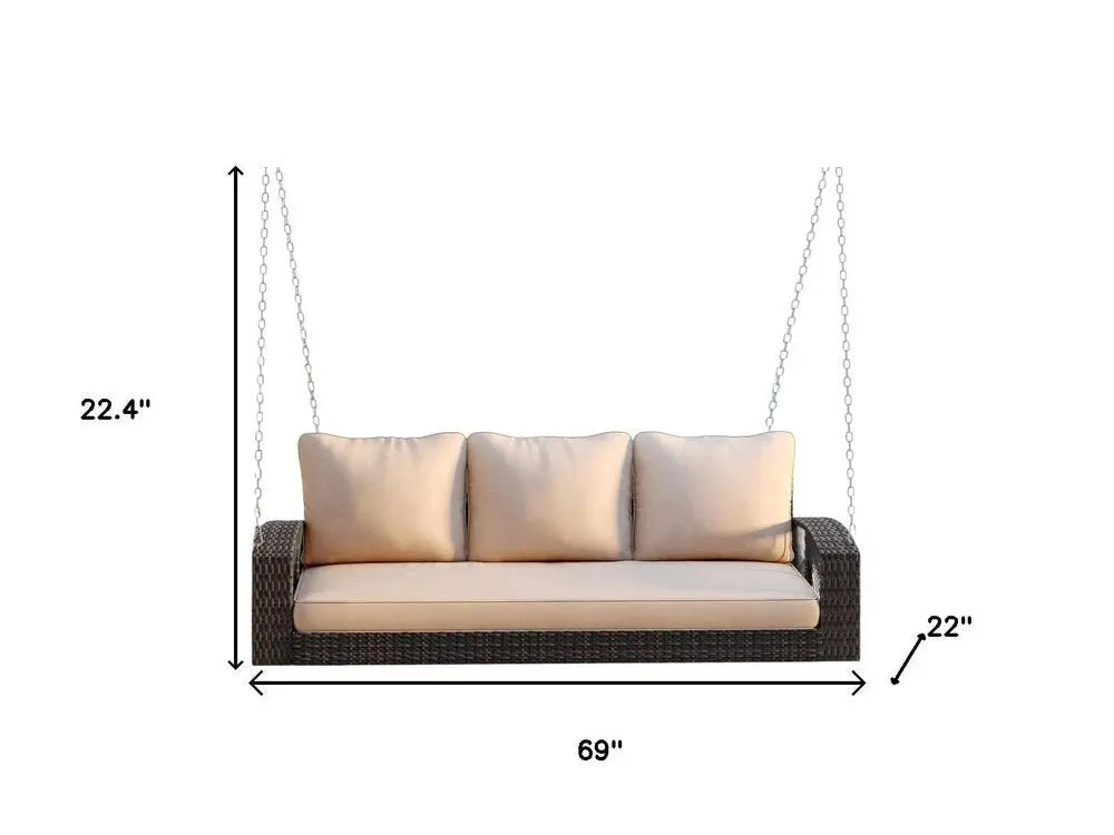 69" Brown Woven Rattan Outdoor Swing Chair with Beige Cushions - NOBLE HOME INTERIORS