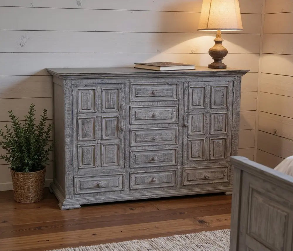 69" Gray Solid Wood Six Drawer Triple Dresser - NOBLE HOME INTERIORS