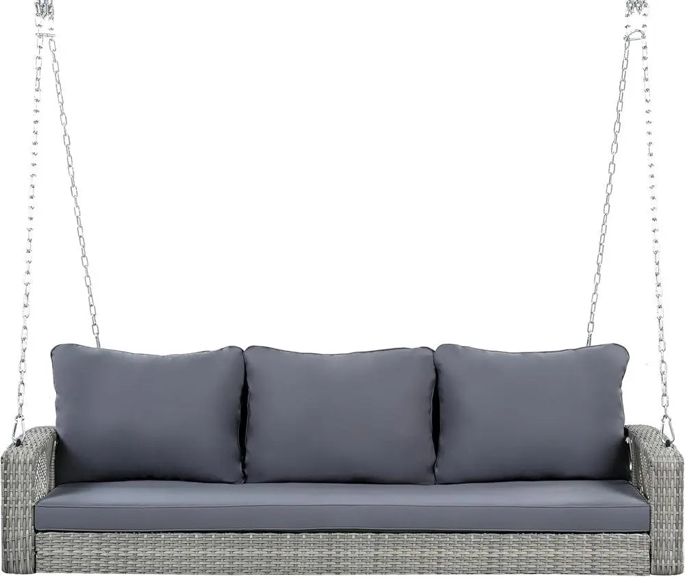 69" Gray Woven Rattan Outdoor Swing Chair with Gray Cushion - NOBLE HOME INTERIORS