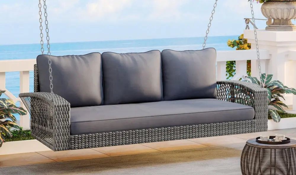 69" Gray Woven Rattan Outdoor Swing Chair with Gray Cushion - NOBLE HOME INTERIORS