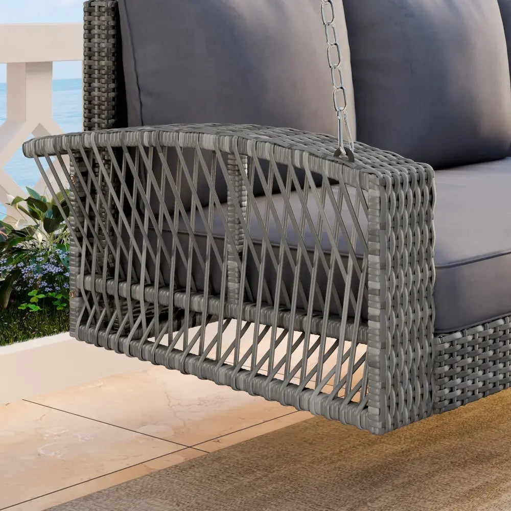 69" Gray Woven Rattan Outdoor Swing Chair with Gray Cushion - NOBLE HOME INTERIORS