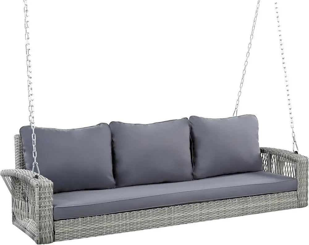 69" Gray Woven Rattan Outdoor Swing Chair with Gray Cushion - NOBLE HOME INTERIORS