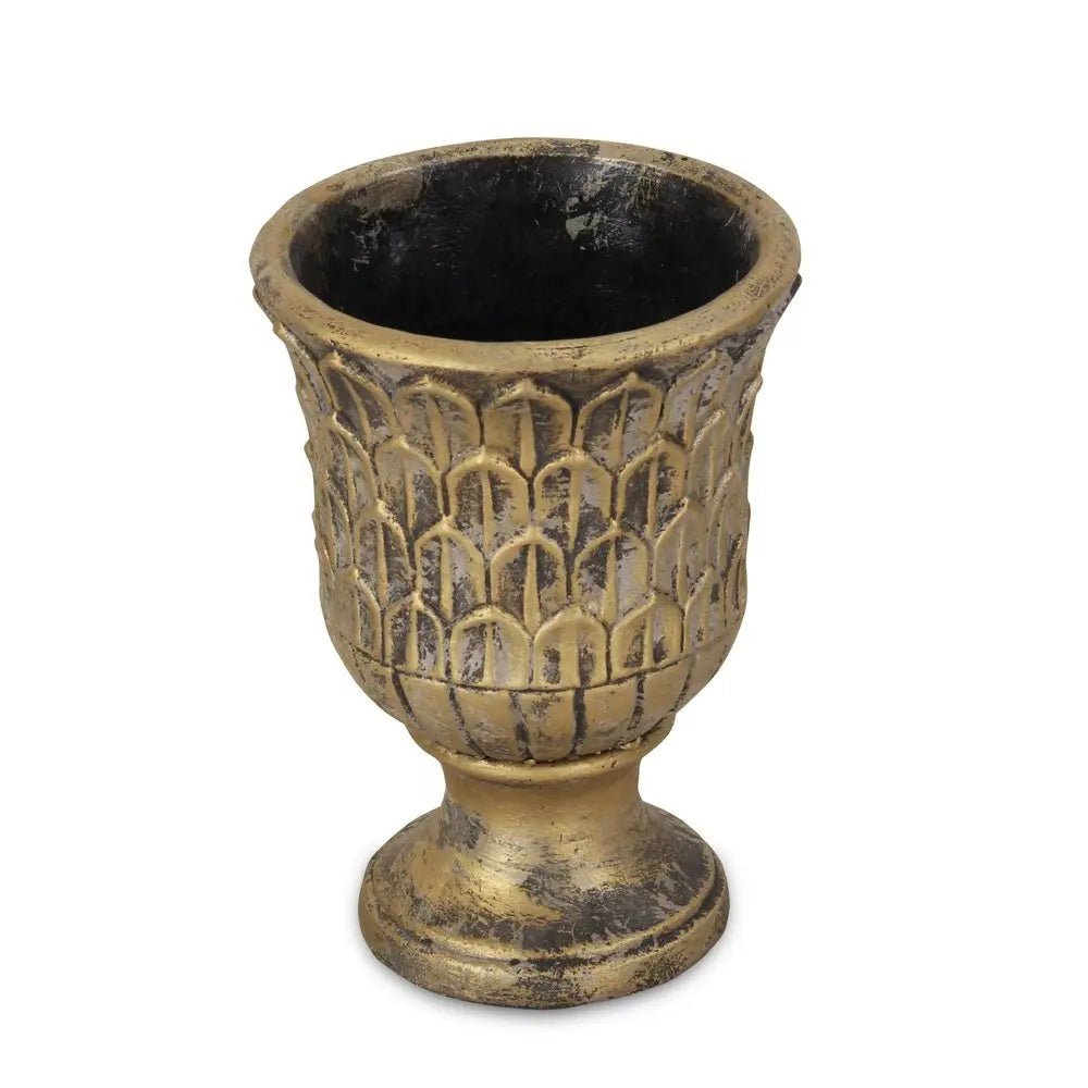 7" Antiqued Brass Textural Tone On Tone Cement Indoor Outdoor Round Urn Planter - NOBLE HOME INTERIORS