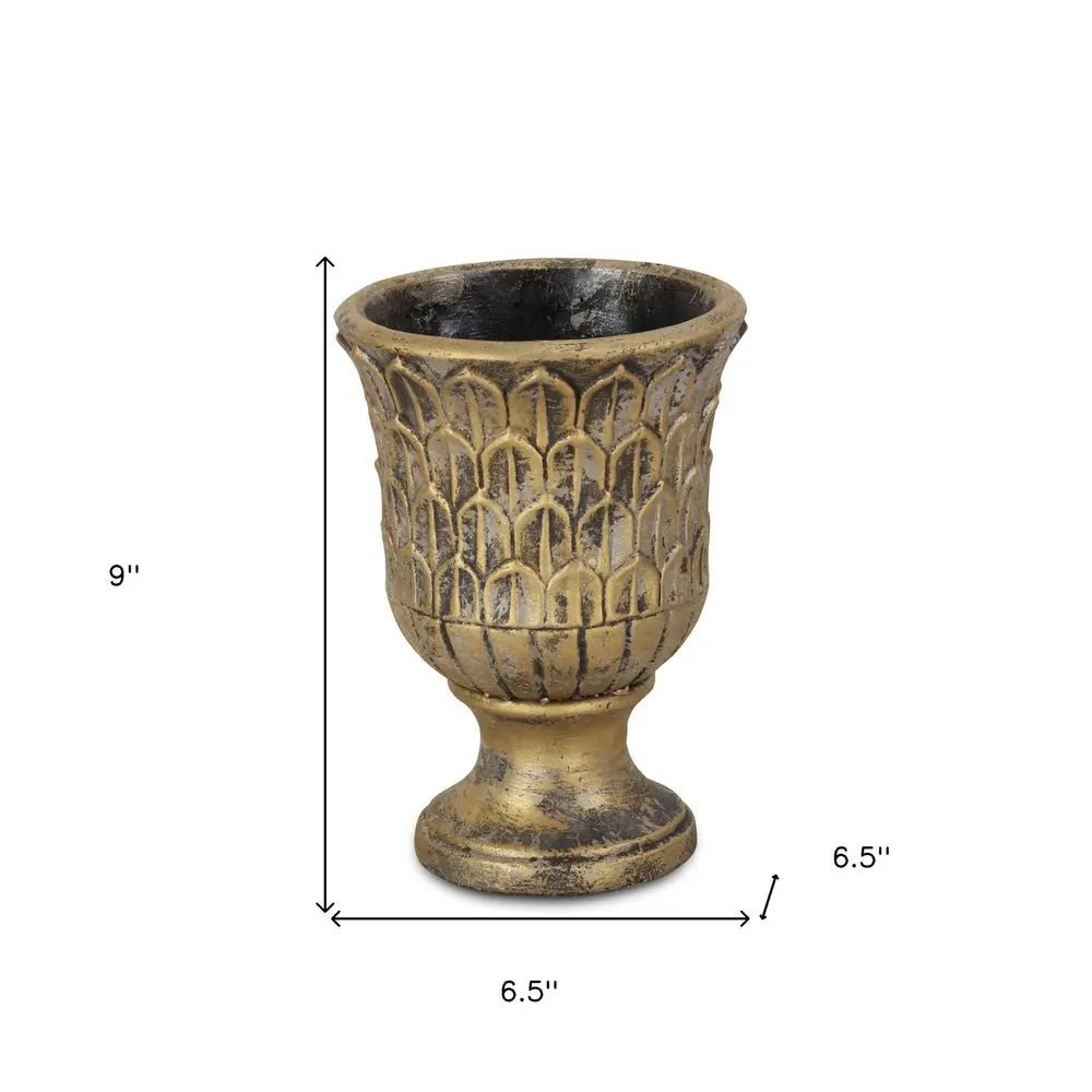 7" Antiqued Brass Textural Tone On Tone Cement Indoor Outdoor Round Urn Planter - NOBLE HOME INTERIORS