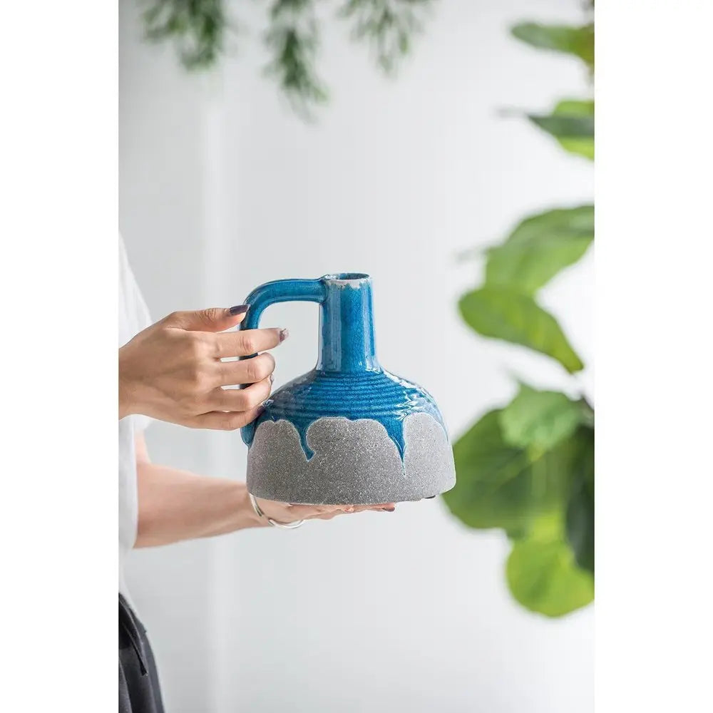 7" Blue and Gray Bud Ceramic Jug Vase With Does Not Apply - NOBLE HOME INTERIORS