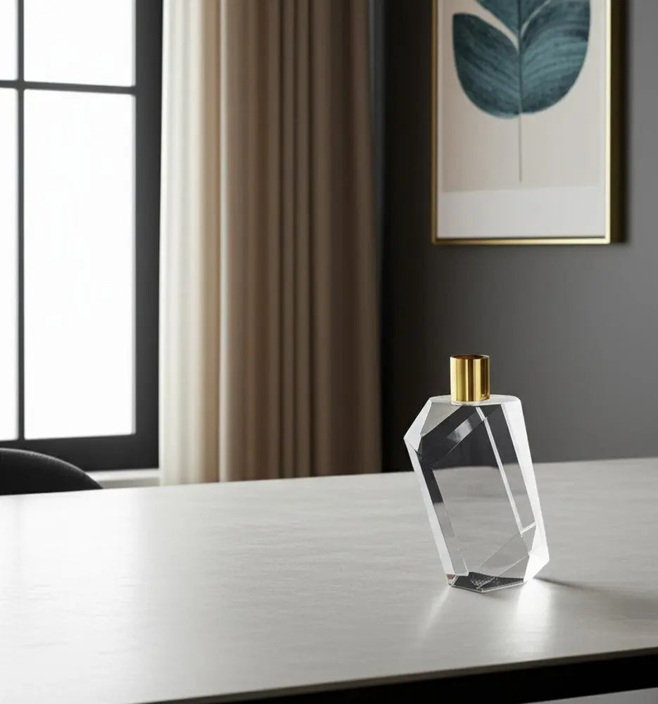 7" Clear And Gold Geo Faceted Crystal Tabletop Taper Candlestick - NOBLE HOME INTERIORS