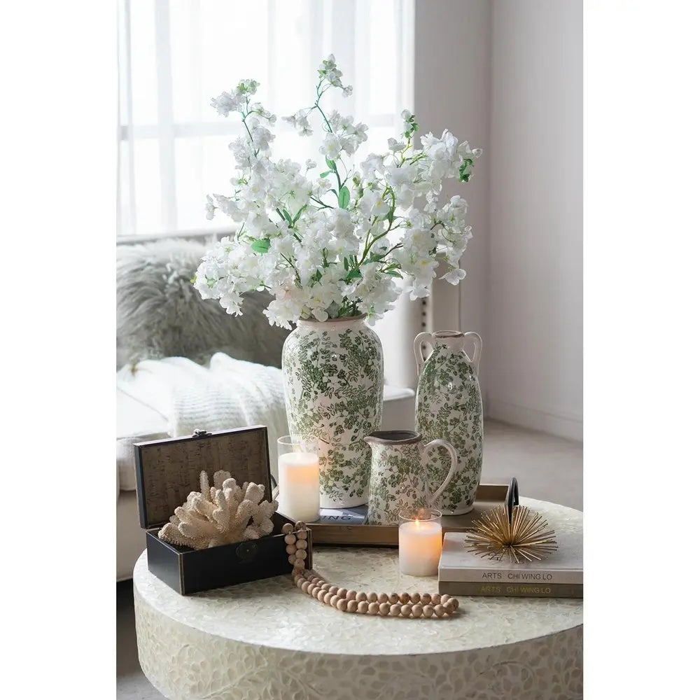 7" Green and White Leaf Round Ceramic Jug Vase With Does Not Apply - NOBLE HOME INTERIORS