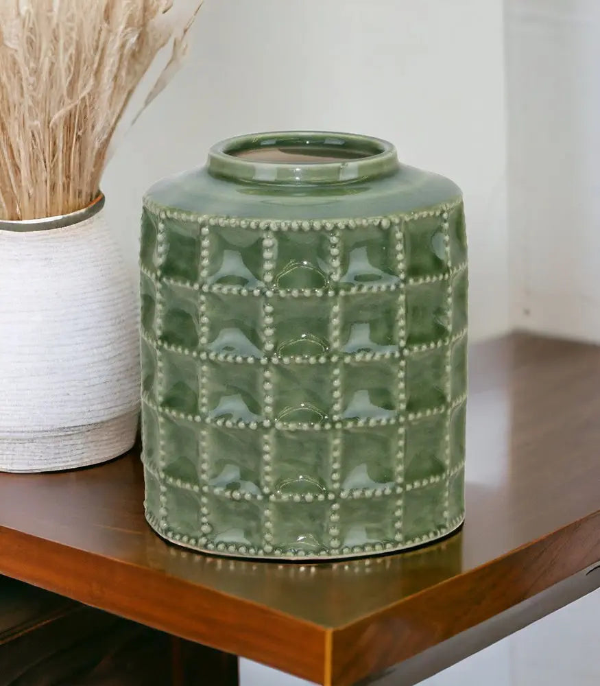 7" Green Terracotta Geometric Cylinder Table Vase - NOBLE HOME INTERIORS