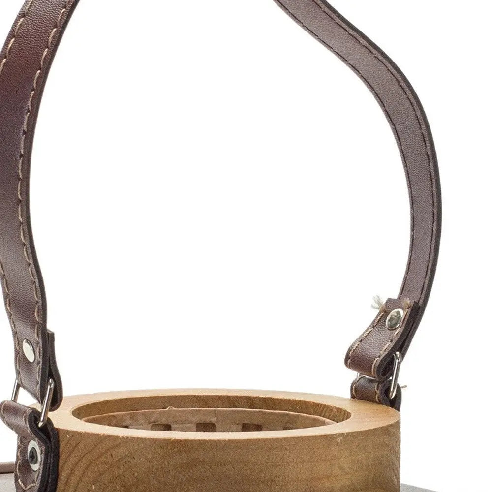 7" Natural And Brown Distressed Lattice Iron And Wood Tabletop Lantern Candle Holder - NOBLE HOME INTERIORS