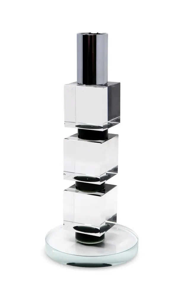 7" Silver Clear And Black Block And Cylinder Crystal Tabletop Taper Candlestick - NOBLE HOME INTERIORS
