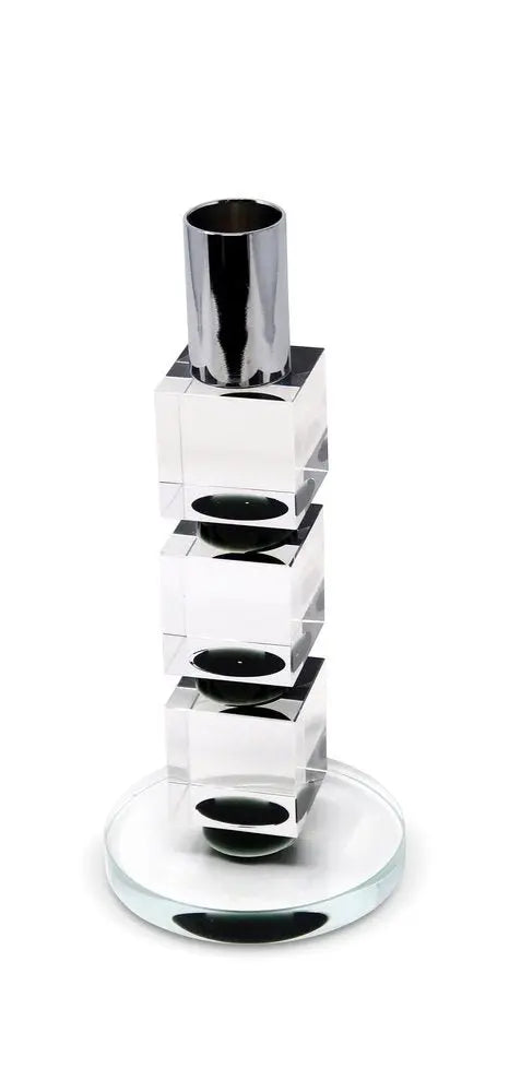 7" Silver Clear And Black Block And Cylinder Crystal Tabletop Taper Candlestick - NOBLE HOME INTERIORS