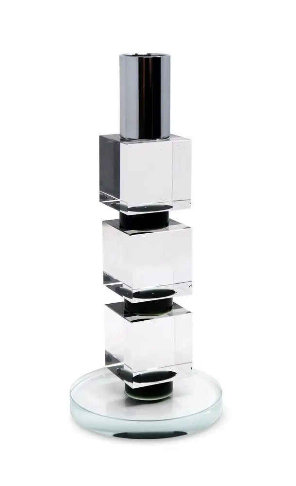 7" Silver Clear And Black Block And Cylinder Crystal Tabletop Taper Candlestick - NOBLE HOME INTERIORS