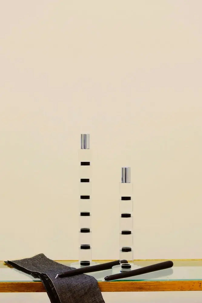 7" Silver Clear And Black Block And Cylinder Crystal Tabletop Taper Candlestick - NOBLE HOME INTERIORS