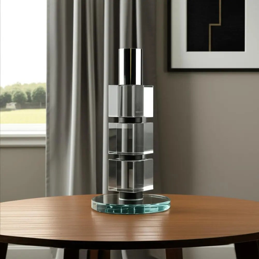 7" Silver Clear And Black Block And Cylinder Crystal Tabletop Taper Candlestick - NOBLE HOME INTERIORS