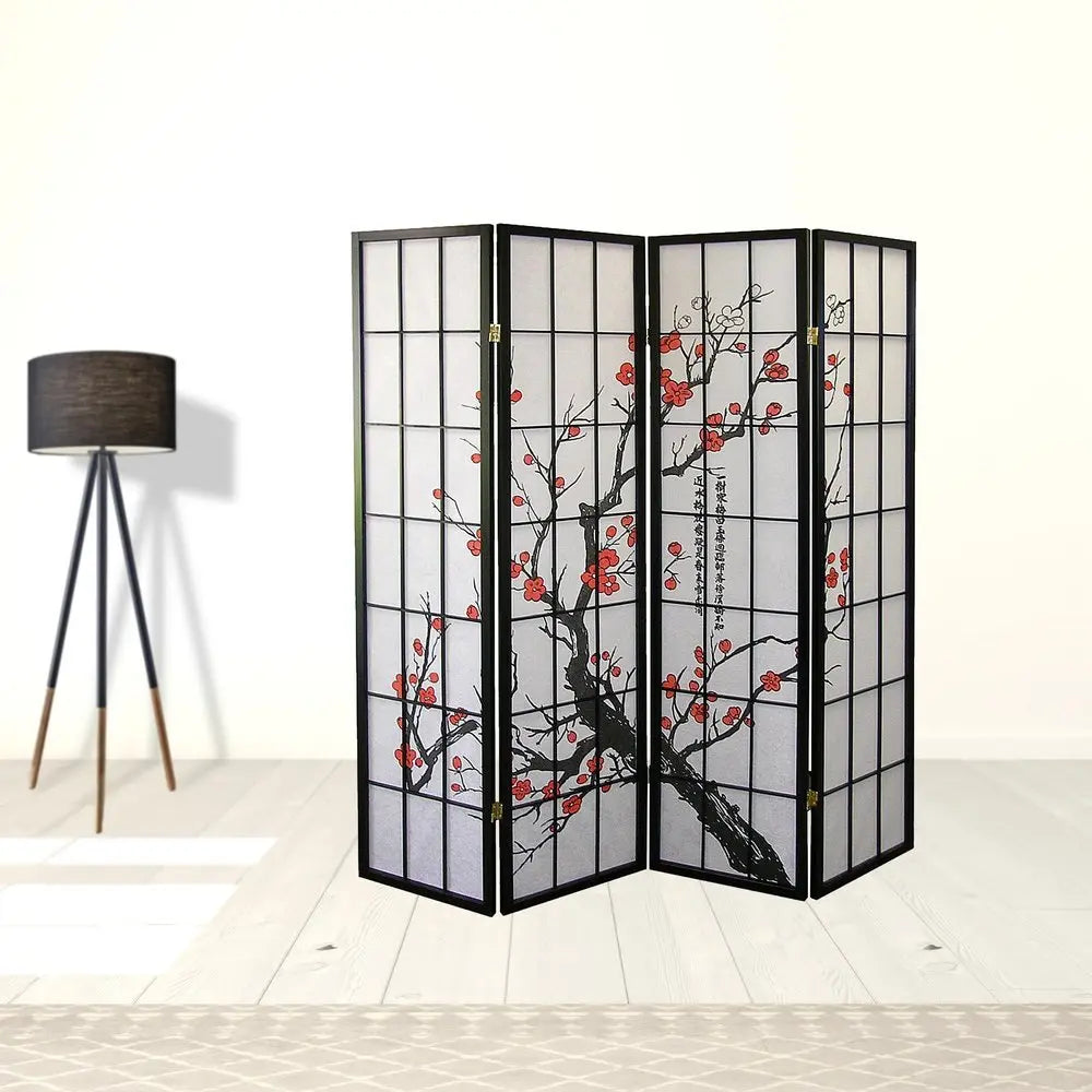70" Black And White Heavy Duty Rice Paper Folding Four Panel Screen Room Divider - NOBLE HOME INTERIORS