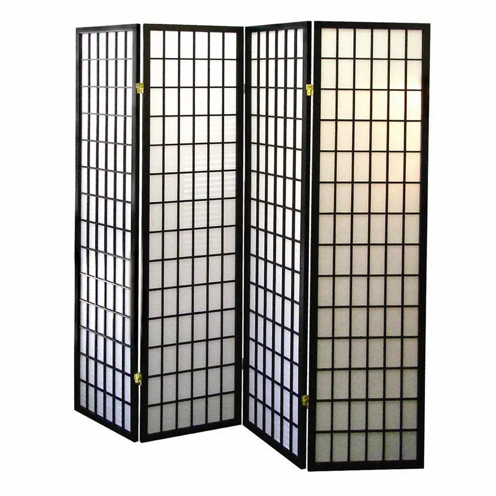 70" Black And White Heavy Duty Rice Paper Folding Four Panel Screen Room Divider - NOBLE HOME INTERIORS