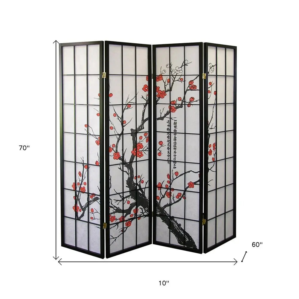 70" Black And White Heavy Duty Rice Paper Folding Four Panel Screen Room Divider - NOBLE HOME INTERIORS