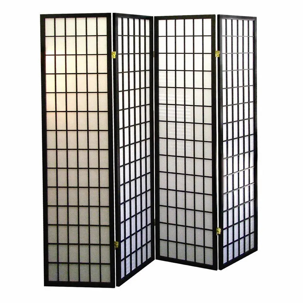 70" Black And White Heavy Duty Rice Paper Folding Four Panel Screen Room Divider - NOBLE HOME INTERIORS