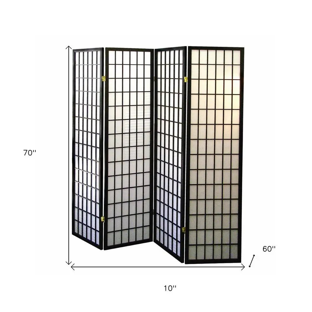 70" Black And White Heavy Duty Rice Paper Folding Four Panel Screen Room Divider - NOBLE HOME INTERIORS