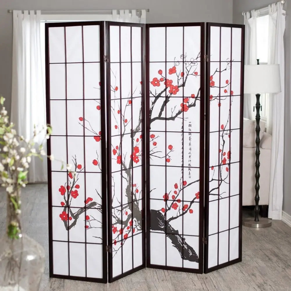 70" Black And White Heavy Duty Rice Paper Folding Four Panel Screen Room Divider - NOBLE HOME INTERIORS