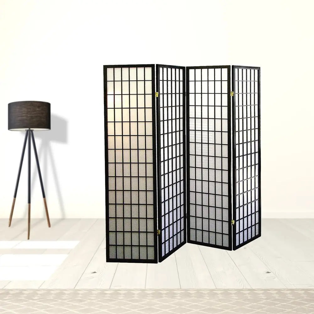 70" Black And White Heavy Duty Rice Paper Folding Four Panel Screen Room Divider - NOBLE HOME INTERIORS
