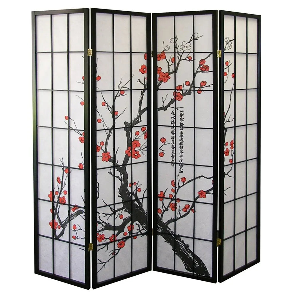 70" Black And White Heavy Duty Rice Paper Folding Four Panel Screen Room Divider - NOBLE HOME INTERIORS
