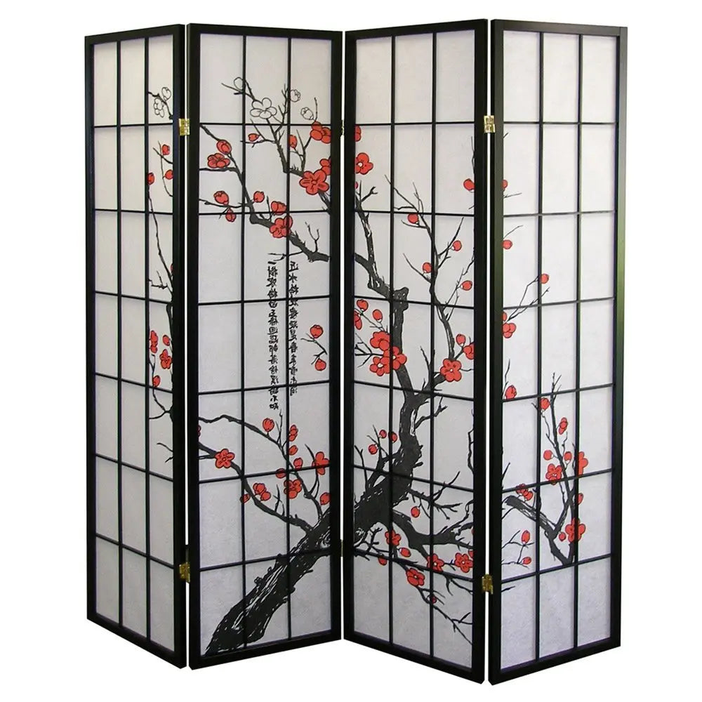 70" Black And White Heavy Duty Rice Paper Folding Four Panel Screen Room Divider - NOBLE HOME INTERIORS