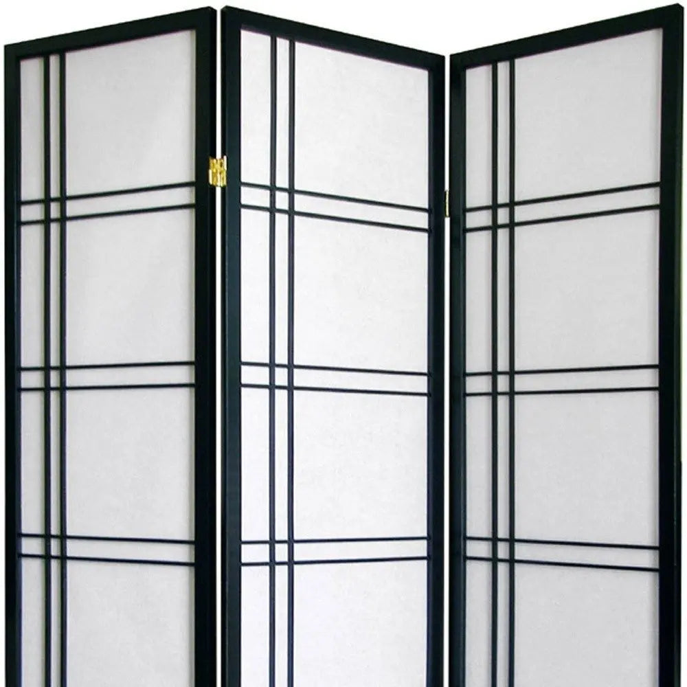 70" Black And White Heavy Duty Rice Paper Folding Three Panel Screen Room Divider - NOBLE HOME INTERIORS