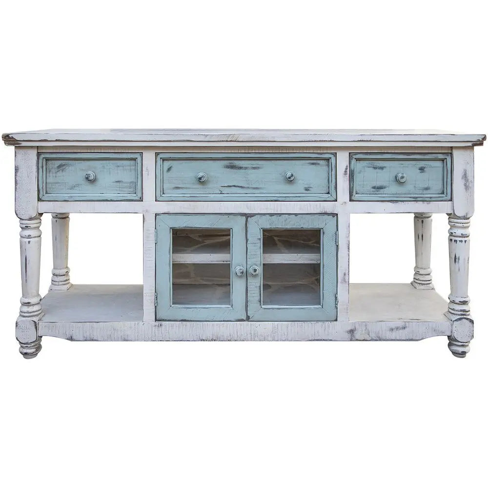 70" Blue and White Solid Wood Open shelving Distressed TV Stand - NOVA HOME FURNITURE