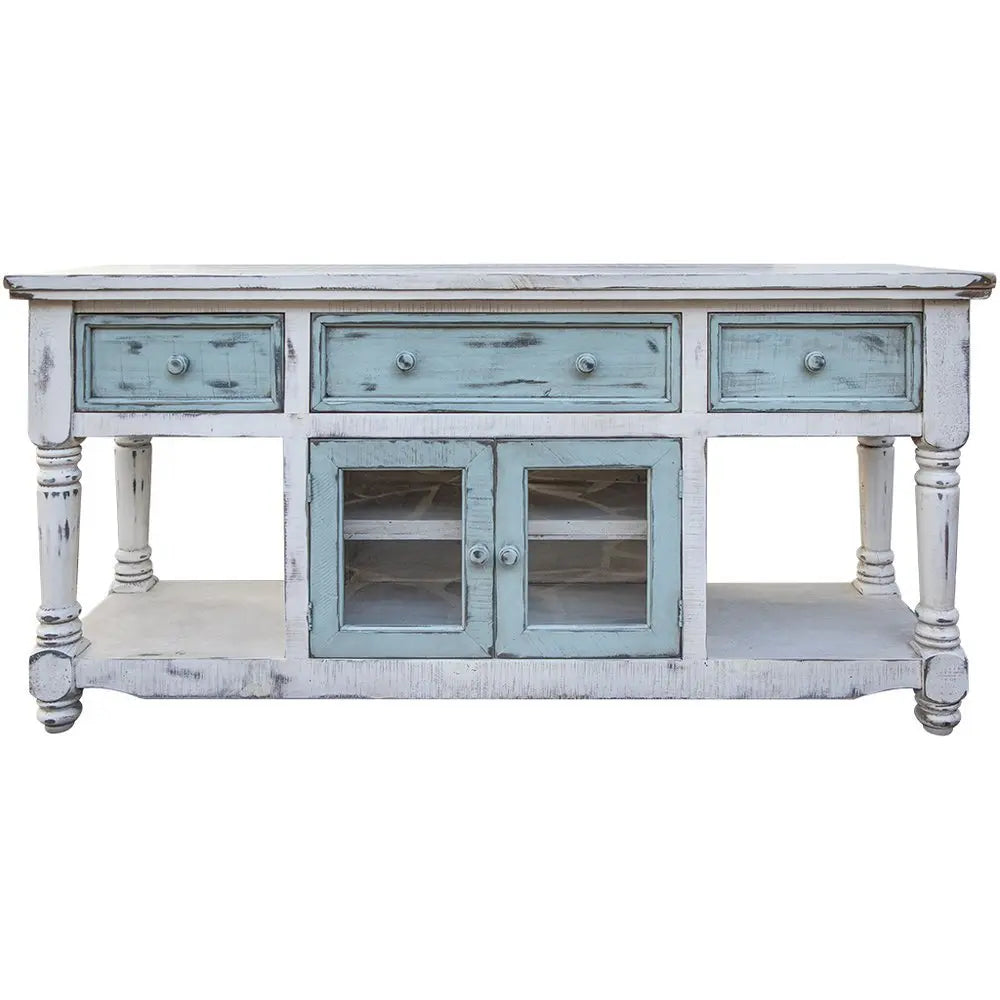 70" Blue and White Solid Wood Open shelving Distressed TV Stand - NOVA HOME FURNITURE