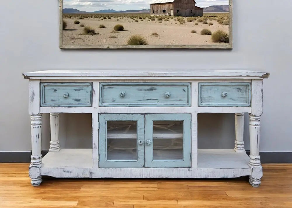 70" Blue and White Solid Wood Open shelving Distressed TV Stand - NOVA HOME FURNITURE