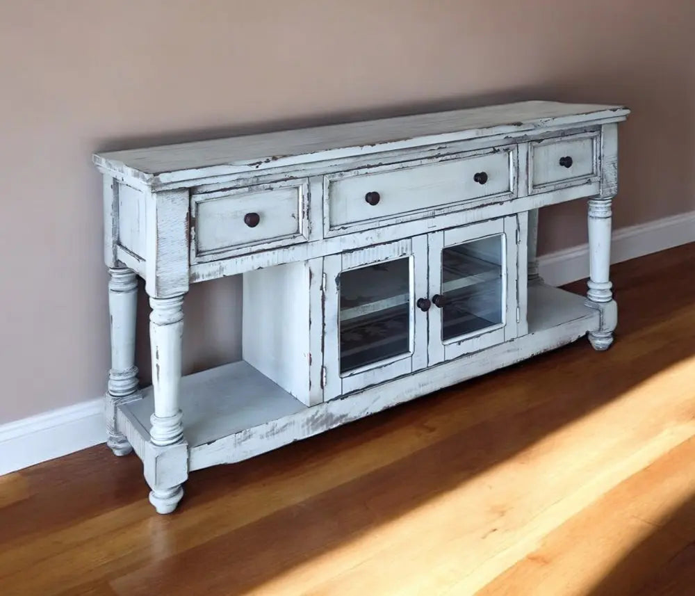 70" Blue Solid Wood Open shelving Distressed TV Stand - NOVA HOME FURNITURE