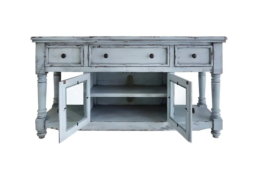 70" Blue Solid Wood Open shelving Distressed TV Stand - NOVA HOME FURNITURE