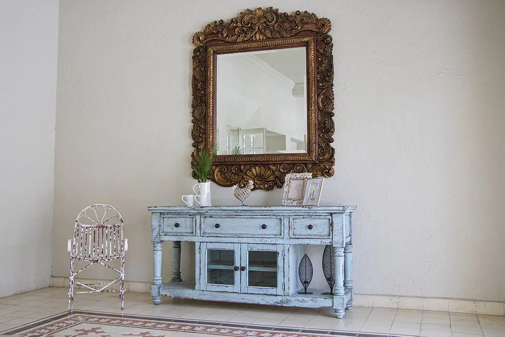 70" Blue Solid Wood Open shelving Distressed TV Stand - NOVA HOME FURNITURE