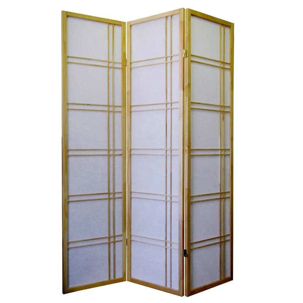 70" Brown And White Heavy Duty Rice Paper Folding Three Panel Screen Room Divider - NOBLE HOME INTERIORS