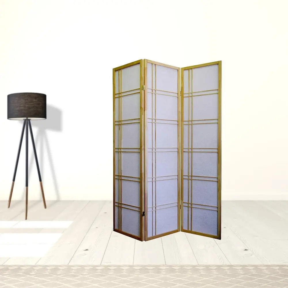 70" Brown And White Heavy Duty Rice Paper Folding Three Panel Screen Room Divider - NOBLE HOME INTERIORS