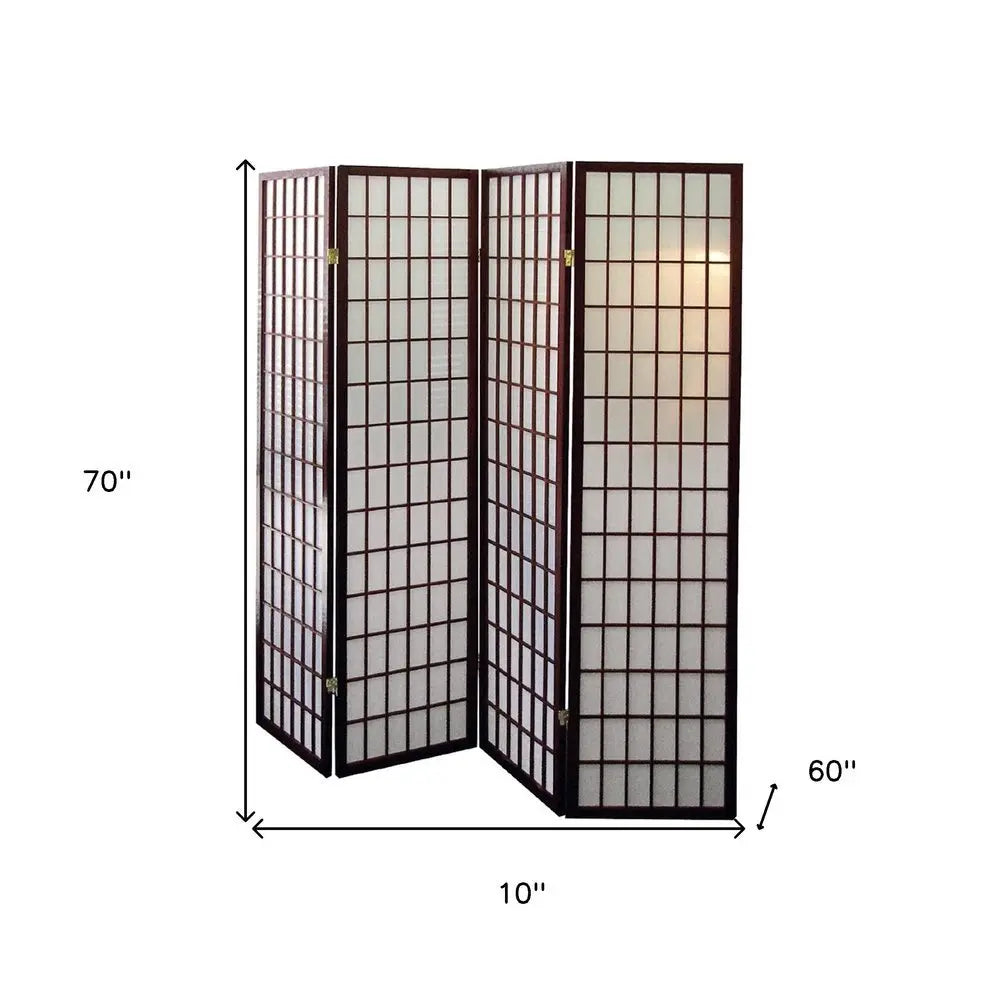 70" Brown Heavy Duty Rice Paper Folding Four Panel Screen Room Divider - NOBLE HOME INTERIORS