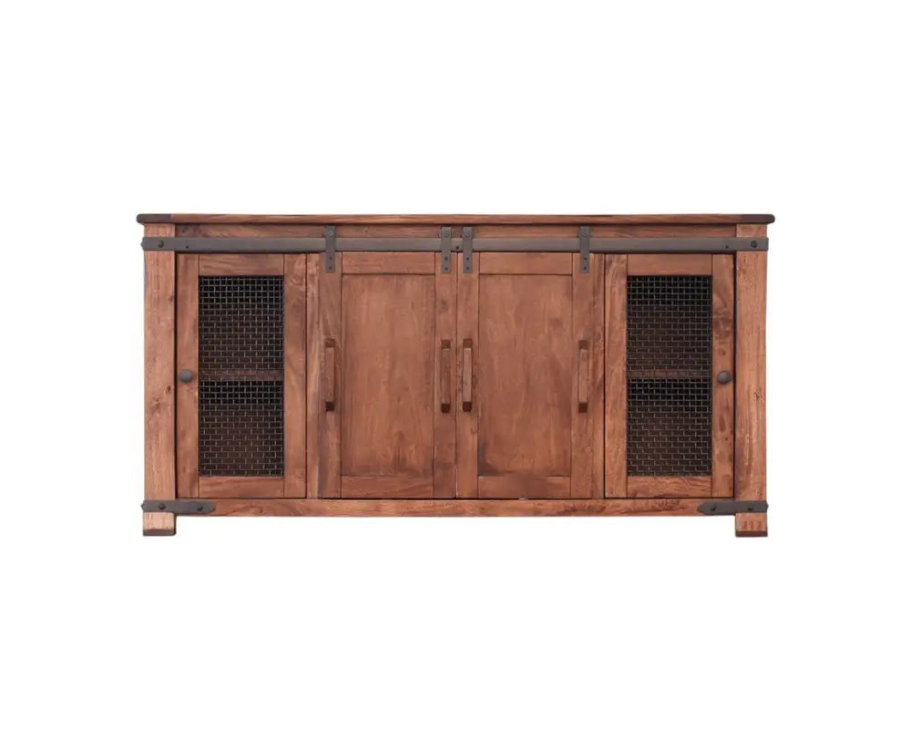 70" Brown Solid Wood Cabinet Enclosed Storage Distressed TV Stand - NOVA HOME FURNITURE